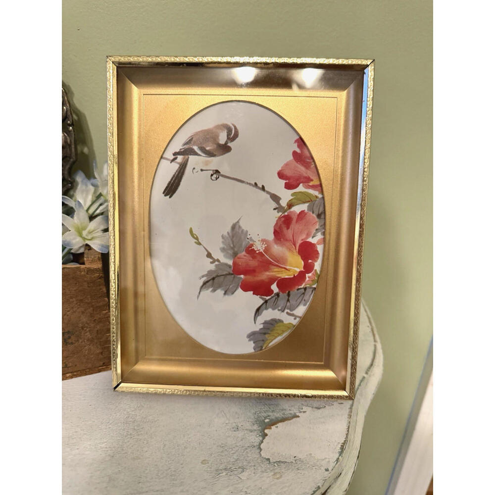 Small Gold Ornate Picture Frame Vintage Bird/ Flowers Artwork Oval